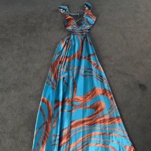 Long Dress size 4, turquoise and brown w sequins